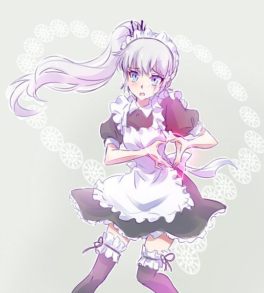 Anime picture 1620x1800 with rwby rooster teeth weiss schnee iesupa single long hair tall image blush open mouth simple background silver hair grey background maid alternate costume embarrassed zettai ryouiki heart hands outline seiyuu connection moe moe kyun!