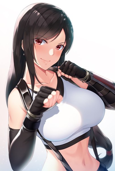 Anime picture 1000x1480 with final fantasy final fantasy vii final fantasy vii remake square enix tifa lockhart koikeya single long hair tall image looking at viewer blush fringe black hair simple background smile red eyes white background bare shoulders payot upper body