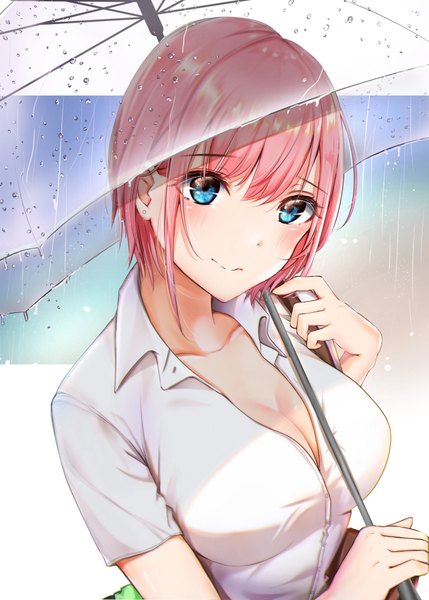 Anime picture 1463x2048 with go-toubun no hanayome nakano ichika uiri-na single tall image looking at viewer blush fringe short hair breasts blue eyes light erotic smile hair between eyes white background holding pink hair cleavage upper body rain