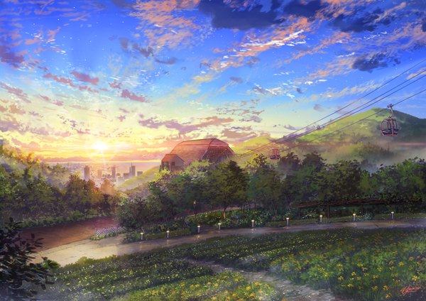 Anime picture 3508x2480 with original niko p highres signed absurdres sky cloud (clouds) city evening sunset mountain no people landscape scenic field flower (flowers) plant (plants) tree (trees) building (buildings) sun