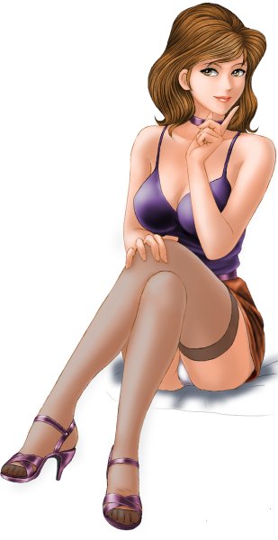 Anime picture 618x1200 with lupin iii mine fujiko toten (artist) single long hair tall image fringe breasts light erotic simple background brown hair large breasts white background sitting brown eyes looking away light smile high heels pantyshot lipstick