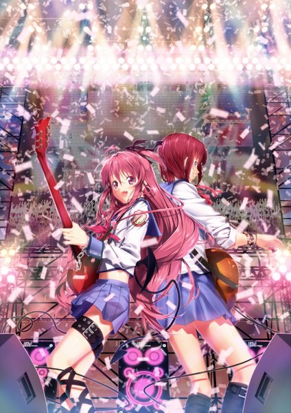 Anime picture 1041x1473 with angel beats! key (studio) yui (angel beats!) iwasawa masami nagareboshi tall image open mouth smile multiple girls pink hair red hair two side up bat wings back to back band girl 2 girls serafuku bracelet chain