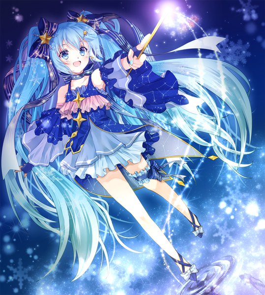 Anime picture 1500x1668 with vocaloid star night snow (vocaloid) hatsune miku yuki miku yuki miku (2017) iroha (shiki) single tall image blush open mouth blue eyes twintails blue hair looking away full body very long hair nail polish outstretched arm magic constellation