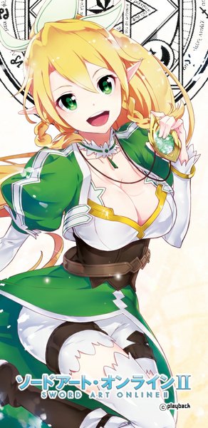 Anime picture 449x922 with sword art online a-1 pictures leafa playback (artist) single long hair tall image breasts open mouth blonde hair smile large breasts green eyes signed bent knee (knees) braid (braids) pointy ears copyright name twin braids girl