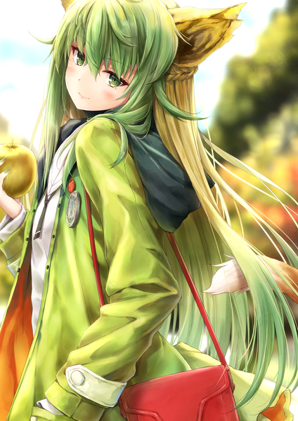 Anime picture 965x1364 with fate (series) fate/grand order atalanta (fate) suien single long hair tall image looking at viewer blush fringe blonde hair smile hair between eyes holding green eyes animal ears outdoors tail braid (braids) head tilt