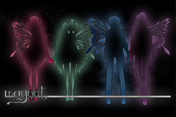 Anime picture 3000x2000 with vocaloid magnet (vocaloid) hatsune miku megurine luka kaito (vocaloid) kamui gakupo long hair highres short hair twintails multiple girls absurdres wallpaper holding hands black background group silhouette insect wings butterfly wings girl