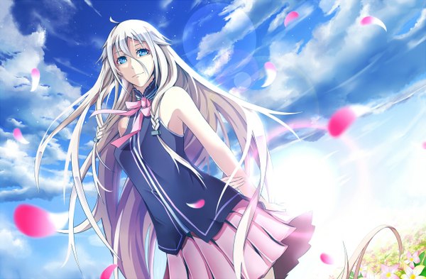 Anime picture 2520x1651 with vocaloid ia (vocaloid) single looking at viewer fringe highres blonde hair smile sky cloud (clouds) braid (braids) very long hair aqua eyes light smile from below sleeveless twin braids hands behind back field girl