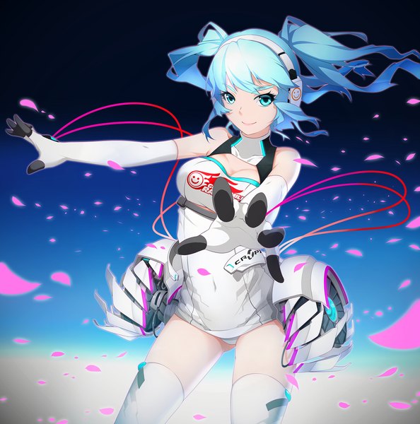 Anime picture 1200x1212 with vocaloid goodsmile racing hatsune miku racing miku racing miku (2014) ello-chan single tall image light erotic smile twintails very long hair aqua eyes aqua hair covered navel girl thighhighs gloves petals white thighhighs