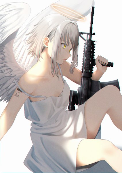 Anime picture 868x1228 with original redlammy single tall image fringe short hair simple background white background sitting bare shoulders holding yellow eyes payot looking away bent knee (knees) profile fingernails grey hair tattoo strap slip