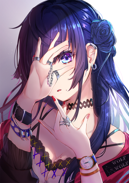 Anime-Bild 848x1200 mit original omelet tomato single long hair tall image looking at viewer blush fringe breasts open mouth blue eyes simple background payot blue hair cleavage upper body nail polish head tilt hair flower mole