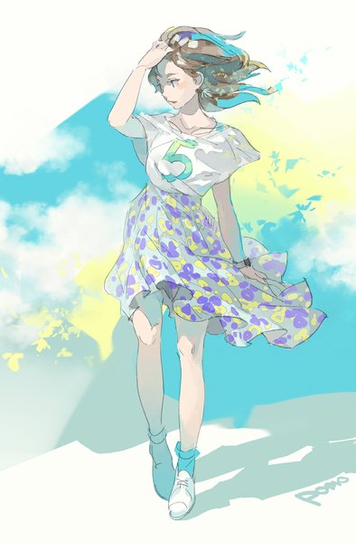 Anime picture 750x1140 with original pomodorosa single tall image short hair brown hair signed looking away wind hand on head casual fashion girl skirt earrings socks t-shirt clock pocket watch wristwatch