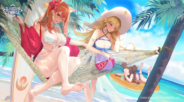 Anime-Bild 4096x2276 mit illusion connect miyuki (illusion connect) selena (illusion connect) phoebe (illusion connect) angye fdez long hair looking at viewer blush fringe highres breasts open mouth light erotic blonde hair smile hair between eyes brown hair wide image large breasts standing