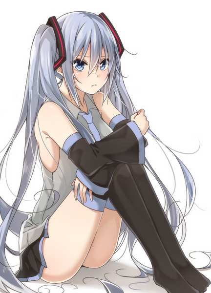 Anime picture 720x1000 with vocaloid hatsune miku yamasuta single tall image looking at viewer blush fringe light erotic simple background white background sitting twintails bare shoulders very long hair barefoot aqua eyes aqua hair wide sleeves girl
