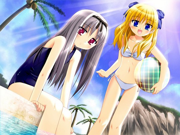 Anime picture 1024x768 with long hair blue eyes blonde hair multiple girls silver hair pink eyes beach girl 2 girls swimsuit bikini water sea one-piece swimsuit school swimsuit beachball sensei ga oshiete ageru