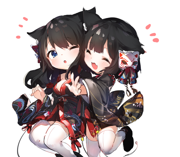 Anime picture 2400x2100 with azur lane yamashiro (azur lane) fusou (azur lane) umibouzu (niito) long hair blush fringe highres short hair breasts open mouth blue eyes black hair simple background large breasts white background animal ears blunt bangs eyes closed traditional clothes