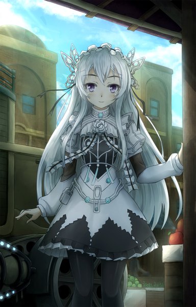 Anime picture 1125x1755 with hitsugi no chaika studio bones chaika trabant asakurashinji single long hair tall image looking at viewer blush purple eyes white hair girl dress hair ornament headdress butterfly hair ornament