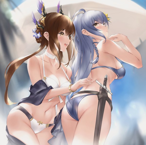 Anime picture 1223x1216 with granblue fantasy silva (granblue fantasy) song (granblue fantasy) parfaitlate long hair blush fringe open mouth light erotic smile hair between eyes brown hair standing multiple girls yellow eyes payot looking away sky silver hair ahoge