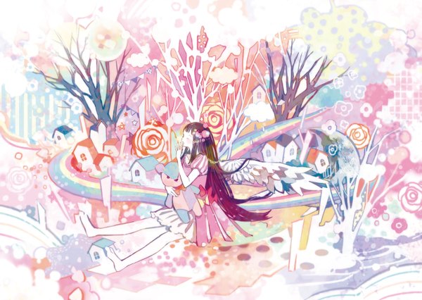 Anime picture 1341x954 with original 24 (24phage) single long hair black hair brown hair sitting cloud (clouds) hug city rain pale skin landscape angel wings checkered floor girl flower (flowers) plant (plants) wings tree (trees)