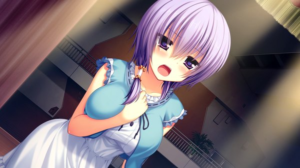 Anime picture 1280x720 with namaiki delation natsushima misaki single blush short hair open mouth wide image purple eyes game cg purple hair girl dress