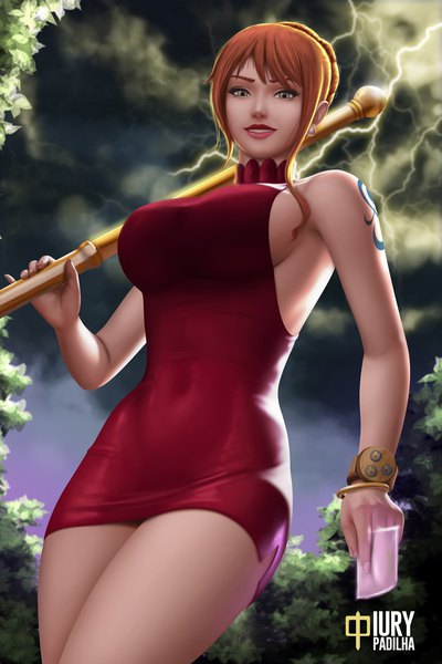 Anime picture 733x1100 with one piece toei animation nami (one piece) iury padilha single tall image fringe short hair breasts light erotic smile large breasts standing holding brown eyes signed sky outdoors parted lips fingernails