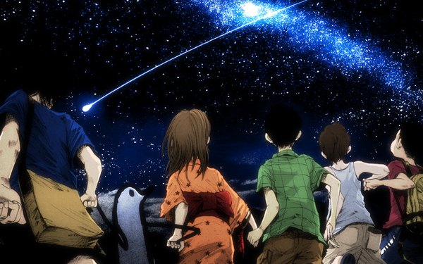 Anime picture 1440x900 with oyasumi punpun punpun aiko tanaka asano inio short hair black hair brown hair wide image traditional clothes japanese clothes from behind scan night multiple boys night sky holding hands group shooting star girl boy