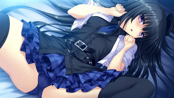 Anime picture 1280x720 with koiken otome minato shiho single long hair blush open mouth light erotic black hair wide image purple eyes game cg lying girl thighhighs dress underwear panties black thighhighs