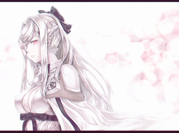 Anime picture 1849x1373 with drakengard 3 drakengard zero (drag-on dragoon) mstm single long hair looking at viewer highres simple background red eyes cleavage silver hair flower over eye girl flower (flowers) ribbon (ribbons) hair ribbon