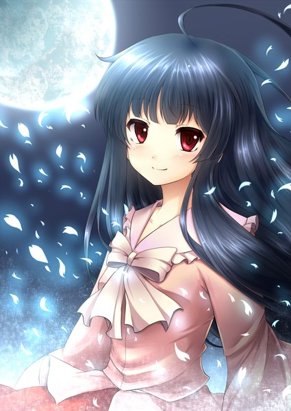 Anime picture 1500x2118 with touhou houraisan kaguya rokutelie (artist) single long hair tall image black hair smile red eyes girl bow petals moon