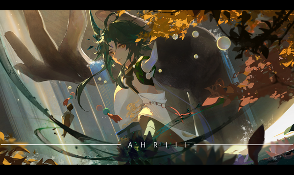 Anime picture 3726x2219 with genshin impact xiao (genshin impact) ahriii single looking at viewer highres short hair wide image signed yellow eyes absurdres upper body ahoge green hair magic letterboxed boy detached sleeves