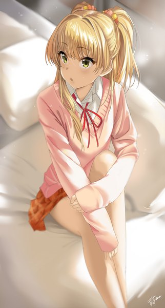 Anime-Bild 868x1617 mit idolmaster idolmaster cinderella girls jougasaki rika wotorika single long hair tall image blush fringe open mouth blonde hair hair between eyes sitting green eyes signed looking away blurry bare legs two side up sleeves past wrists