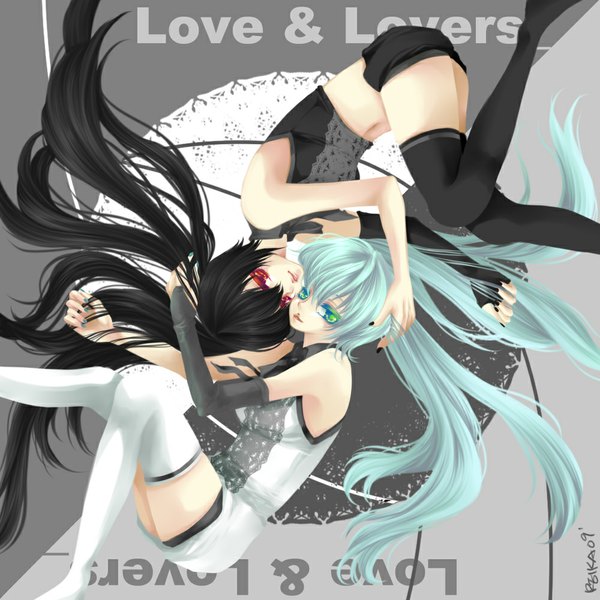 Anime picture 1000x1000 with vocaloid ura-omote lovers (vocaloid) hatsune miku zatsune miku reika (artist) long hair looking at viewer black hair red eyes twintails multiple girls green eyes aqua hair girl thighhighs black thighhighs 2 girls white thighhighs