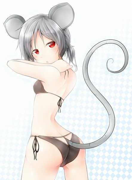 Anime picture 758x1028 with touhou nazrin ebi senbei (artist) single tall image looking at viewer blush short hair open mouth light erotic red eyes standing animal ears ass animal tail grey hair bare back checkered checkered background girl