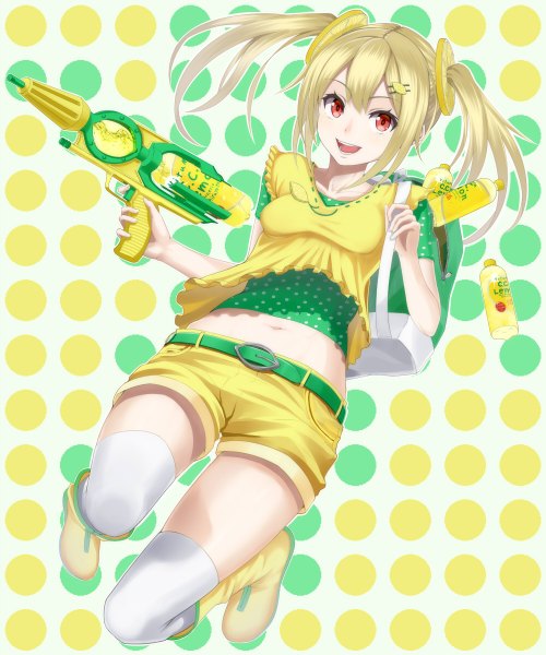 Anime picture 1000x1200 with original heisei yutorin single long hair tall image looking at viewer open mouth blonde hair red eyes twintails girl thighhighs navel white thighhighs shorts lemon water gun