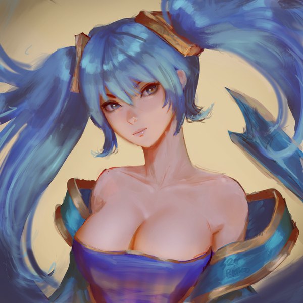 Anime picture 1280x1280 with league of legends sona buvelle raikoart single long hair looking at viewer breasts blue eyes light erotic simple background large breasts twintails bare shoulders payot blue hair cleavage upper body head tilt light smile realistic