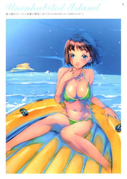 Anime picture 1600x2260 with nishieda single tall image looking at viewer blush short hair breasts open mouth blue eyes light erotic brown hair sitting wet girl swimsuit bikini bracelet sea watercraft boat