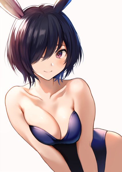 Anime picture 789x1113 with original nishizawa single tall image looking at viewer blush fringe short hair breasts light erotic black hair simple background smile large breasts bare shoulders brown eyes animal ears cleavage hair over one eye bunny ears