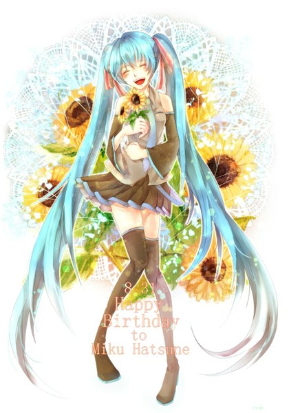 Anime picture 1049x1500 with vocaloid hatsune miku single tall image blush open mouth smile twintails bare shoulders eyes closed very long hair aqua hair happy birthday girl thighhighs skirt hair ornament flower (flowers)