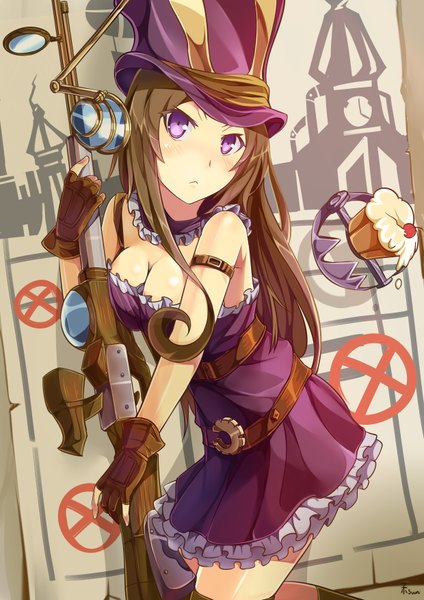 Anime picture 2480x3507 with league of legends caitlyn (league of legends) otaku (pixiv id4162402) single long hair tall image blush highres brown hair purple eyes bare shoulders girl dress gloves food headdress sweets gun