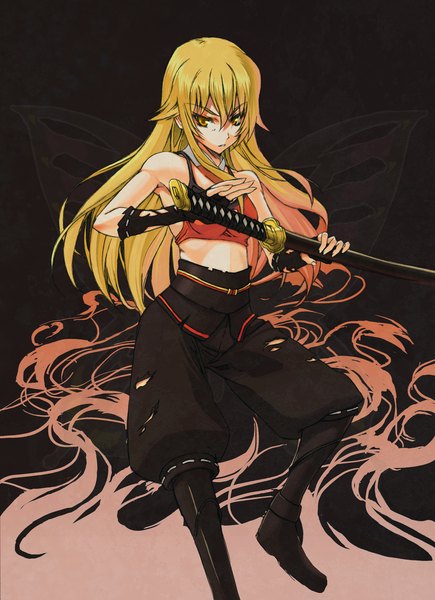 Anime picture 1270x1752 with full metal daemon muramasa soukou akki muramasa nitroplus ashikaga chachamaru maou long hair tall image looking at viewer open mouth simple background blonde hair bare shoulders holding yellow eyes armpit (armpits) black background girl thighhighs weapon sword