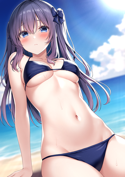 Anime picture 2508x3541 with original rakugaki-chan karutamo single long hair tall image looking at viewer blush fringe highres breasts blue eyes light erotic hair between eyes sitting payot purple hair cloud (clouds) outdoors blurry