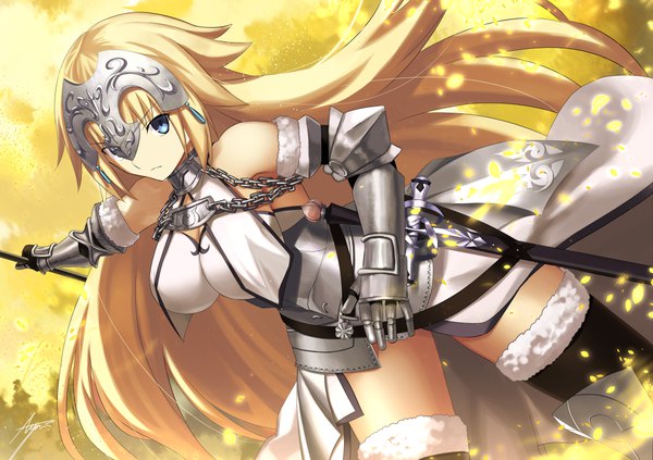 Anime picture 1000x706 with fate (series) fate/apocrypha jeanne d'arc (fate) (all) ashiwara yuu single long hair fringe breasts blue eyes blonde hair large breasts bare shoulders holding signed dutch angle zettai ryouiki fur trim outstretched arm girl thighhighs