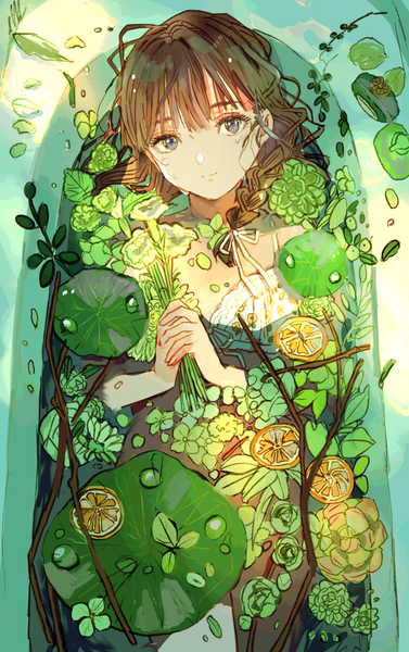 Anime picture 2207x3508 with original qooo003 single long hair tall image looking at viewer fringe highres light erotic brown hair holding braid (braids) grey eyes partially submerged girl flower (flowers) plant (plants) lingerie bra fruit