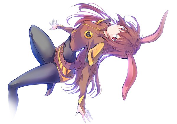 Anime picture 2000x1404 with rwby rooster teeth velvet scarlatina iesupa single long hair looking at viewer fringe highres simple background red eyes brown hair white background animal ears bent knee (knees) tail long sleeves animal tail bunny ears covered navel