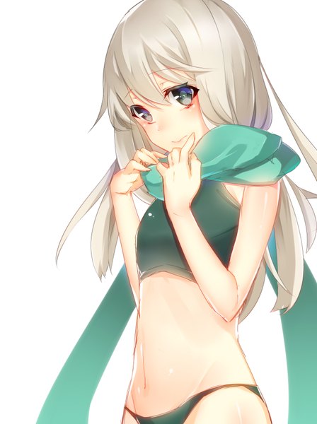 Anime picture 2756x3686 with kantai collection u-511 submarine nonomaro single long hair tall image blush highres blue eyes light erotic simple background grey hair embarrassed girl navel swimsuit scarf