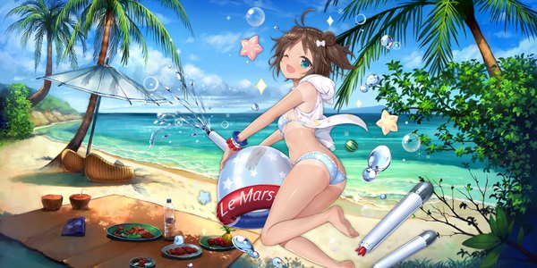 Anime picture 2160x1080 with azur lane le mars (azur lane) le mars (ete brillant) (azur lane) single looking at viewer highres short hair light erotic smile wide image sky ahoge ass outdoors one eye closed looking back wink official art beach side ponytail