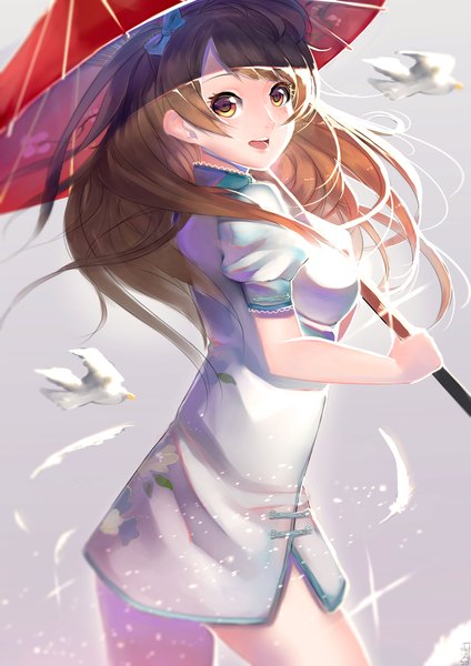 Anime picture 1414x2000 with love live! school idol project sunrise (studio) love live! minami kotori junp single long hair tall image looking at viewer open mouth brown hair brown eyes girl bow hair bow animal bird (birds) umbrella