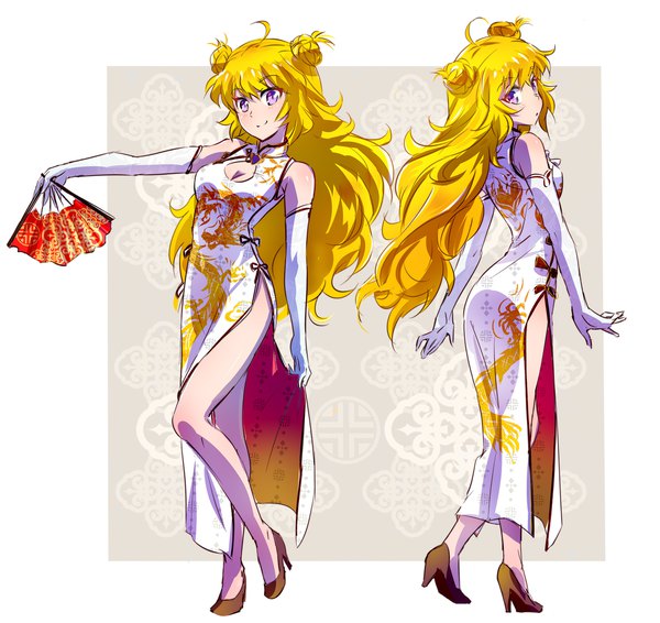 Anime picture 2117x2000 with rwby rooster teeth yang xiao long iesupa long hair looking at viewer fringe highres breasts light erotic simple background smile standing purple eyes cleavage full body ahoge traditional clothes from behind high heels