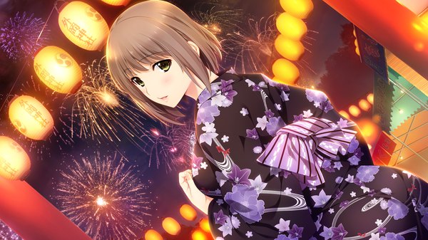 Anime picture 1280x720 with niizuma lovely x cation kurihara aiko iizuki tasuku single looking at viewer blush fringe short hair brown hair wide image brown eyes game cg traditional clothes japanese clothes looking back dutch angle fireworks girl obi yukata