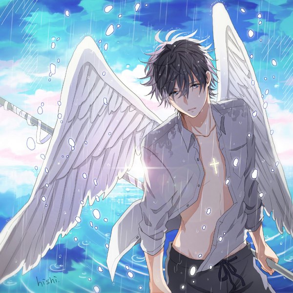 Anime picture 1034x1034 with original hishi single short hair blue eyes black hair signed sky cloud (clouds) sunlight open clothes open shirt rain angel wings angel boy wings water bandage (bandages) cross