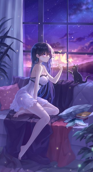 Anime picture 2480x4560 with original yelan xing xuan single long hair tall image blush fringe highres breasts open mouth light erotic black hair hair between eyes large breasts sitting bare shoulders looking away sky cloud (clouds) full body
